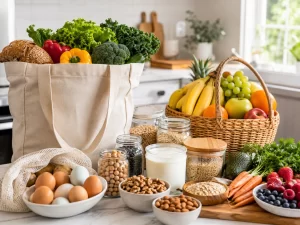 Een frisse boodschappentas vol groente, fruit en gezonde basisproducten voor makkelijk en bewust eten.