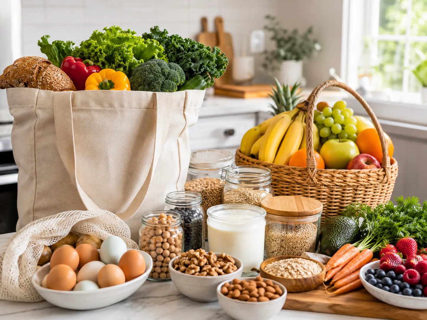 Een frisse boodschappentas vol groente, fruit en gezonde basisproducten voor makkelijk en bewust eten.