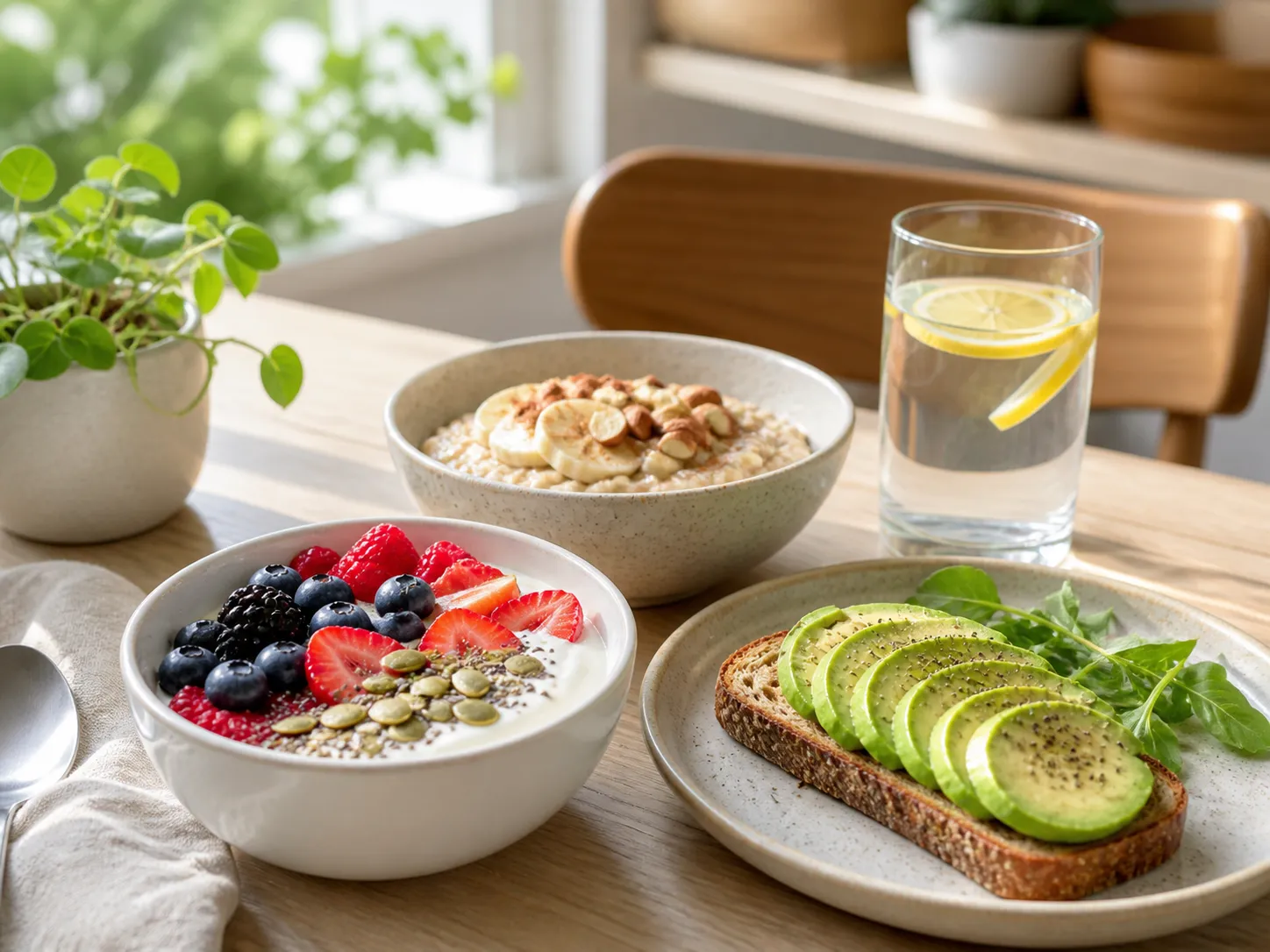 Een frisse ontbijttafel met yoghurt, fruit, havermout en avocado toast voor een makkelijke en gezonde start.