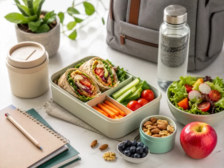Een frisse lunchbox met wraps, groente, fruit en noten voor werk, school of onderweg.