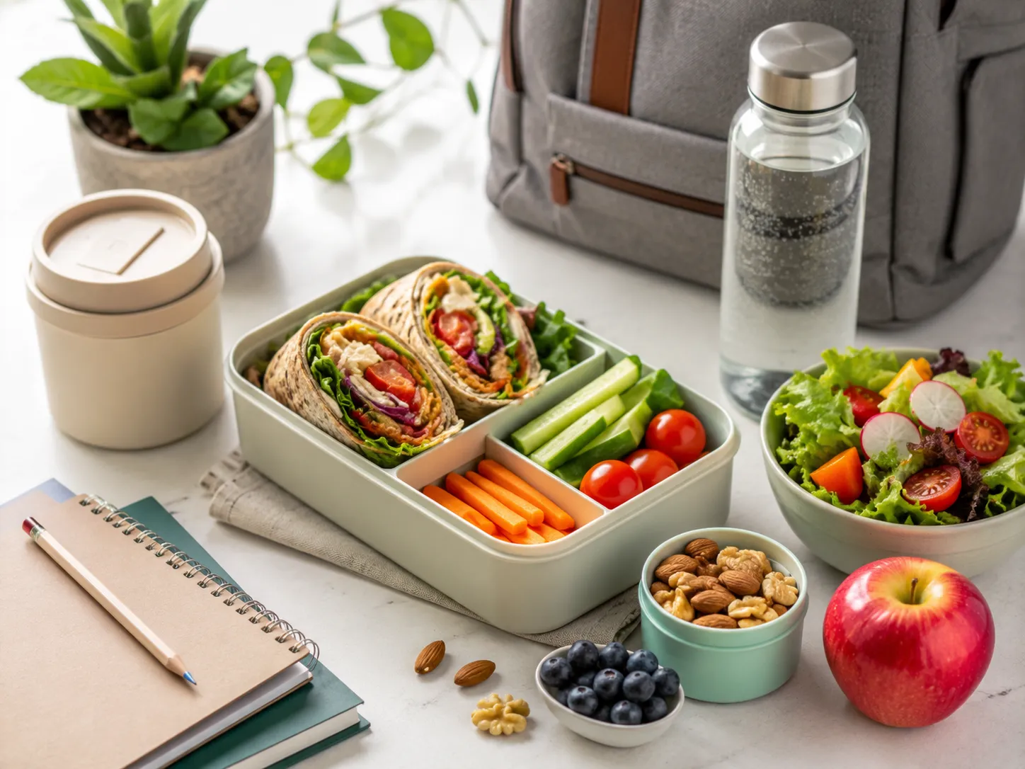 Een frisse lunchbox met wraps, groente, fruit en noten voor werk, school of onderweg.