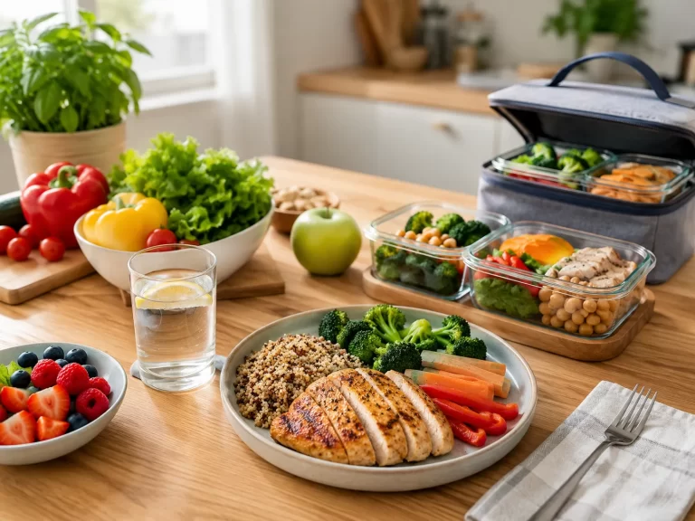 Een frisse, eenvoudige maaltijd met groenten, fruit en mealprep voor elke dag.