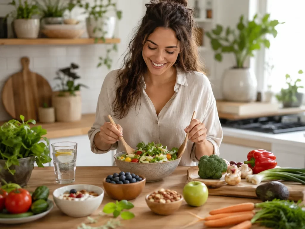 Een ontspannen moment in de keuken met verse ingrediënten, balans en gezonde keuzes zonder strenge regels.