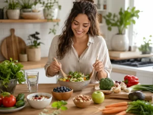 Een ontspannen moment in de keuken met verse ingrediënten, balans en gezonde keuzes zonder strenge regels.