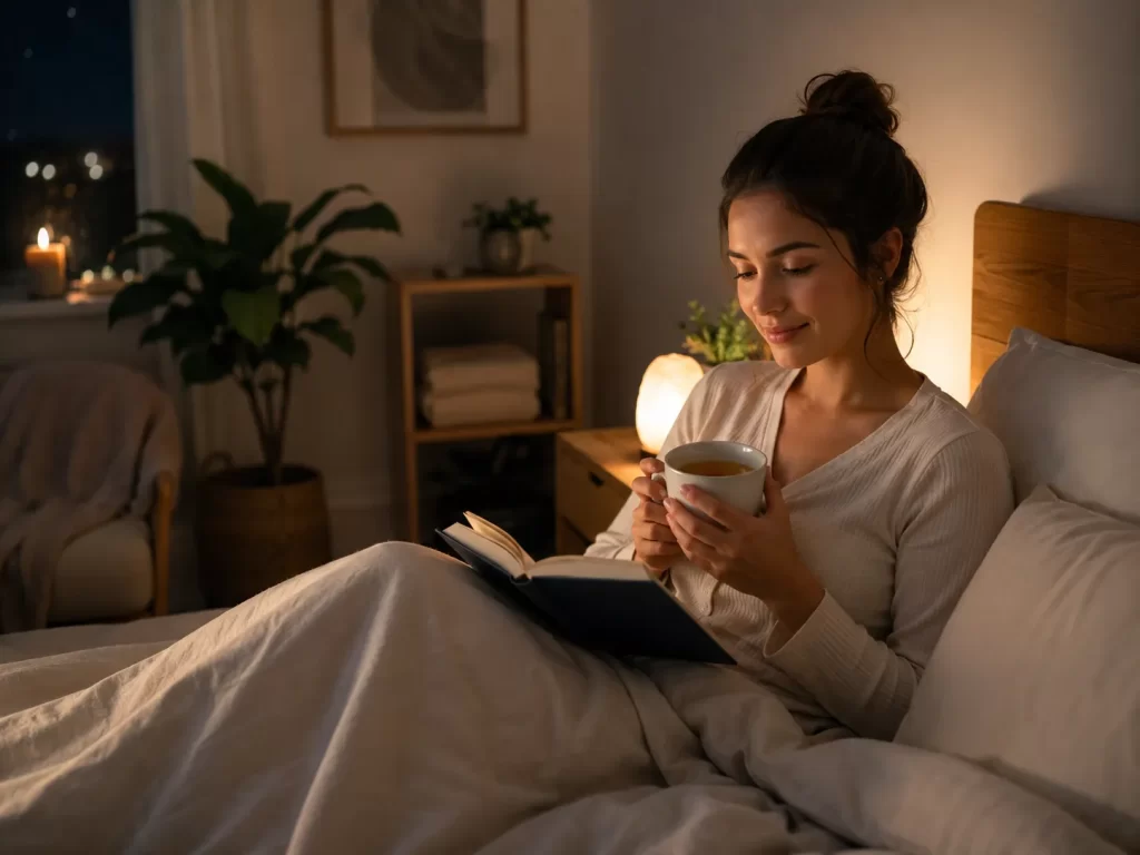 Een warme, kalme sfeer met thee en een boek om ontspannen af te sluiten voor een betere nachtrust.