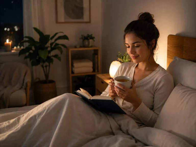 Een warme, kalme sfeer met thee en een boek om ontspannen af te sluiten voor een betere nachtrust.