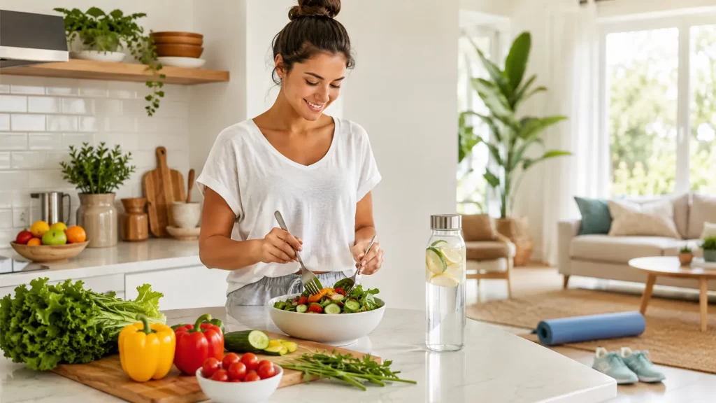 Een frisse leefstijlscène met gezonde voeding, water en beweging in een rustige, lichte thuisomgeving.