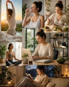 Een rustige dagelijkse routine met beweging, gezonde voeding, focus en ontspanning voor meer energie en balans.