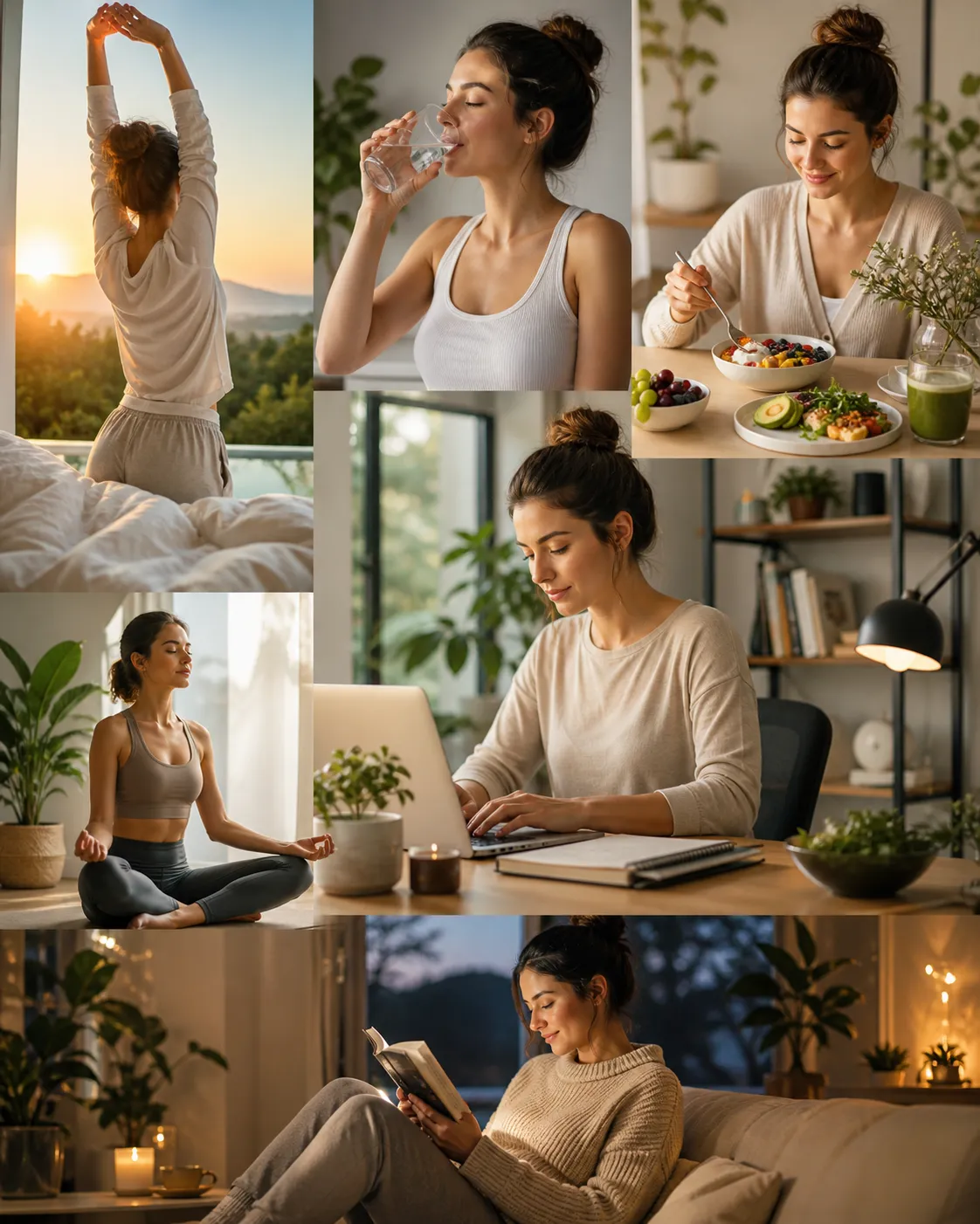 Een rustige dagelijkse routine met beweging, gezonde voeding, focus en ontspanning voor meer energie en balans.