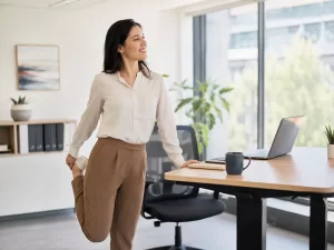 Een professional neemt een korte stretchpauze naast haar bureau tijdens een drukke werkdag.