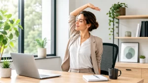 Een vrouw doet een eenvoudige rekoefening aan haar bureau in een lichte, rustige werkomgeving.