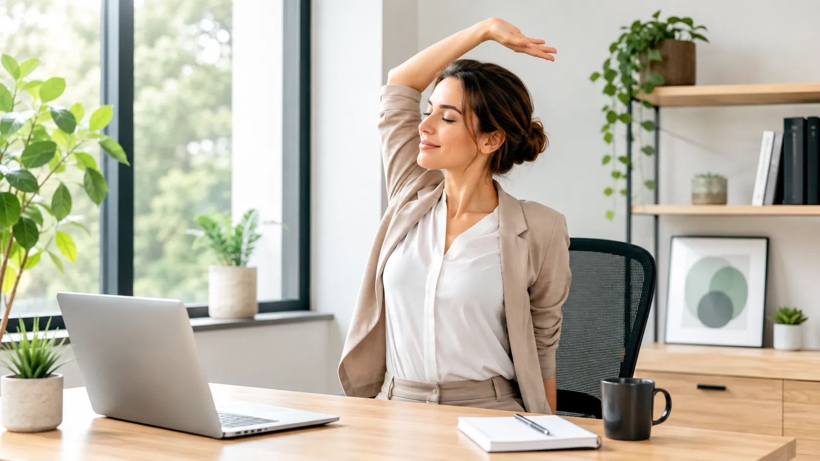Een vrouw doet een eenvoudige rekoefening aan haar bureau in een lichte, rustige werkomgeving.