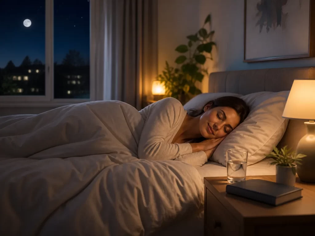 Een rustige slaapkamer met warme verlichting, frisse sfeer en ontspannen nachtrust.