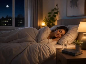 Een rustige slaapkamer met warme verlichting, frisse sfeer en ontspannen nachtrust.
