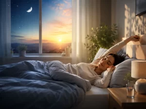 Een rustige ochtendscène die balans tussen dag en nacht symboliseert en helpt bij het herstellen van een gezond slaapritme.