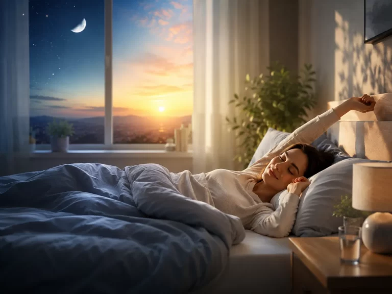 Een rustige ochtendscène die balans tussen dag en nacht symboliseert en helpt bij het herstellen van een gezond slaapritme.