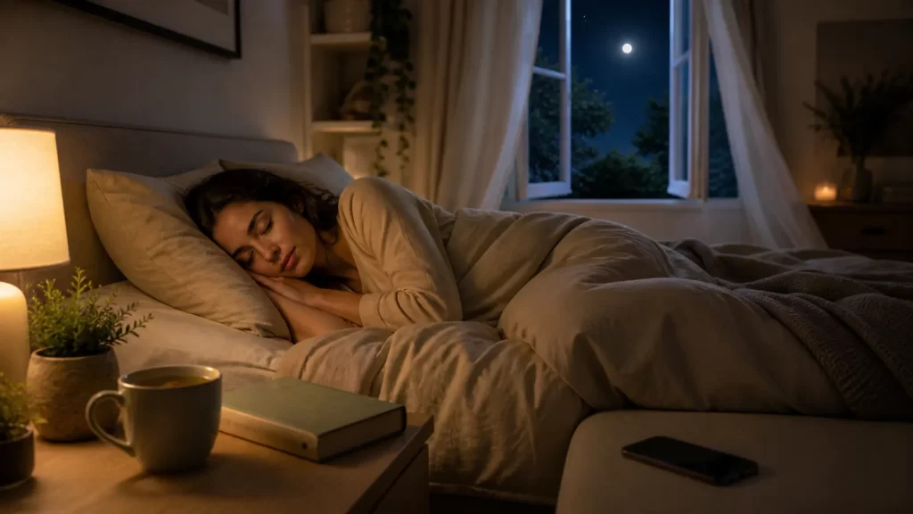 Een warme, kalme slaapkamer die natuurlijke slaapgewoontes en diepe ontspanning uitstraalt.