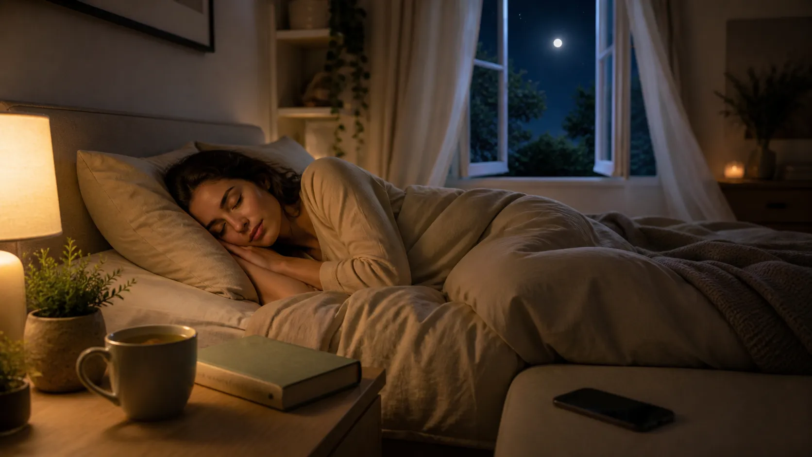 Een warme, kalme slaapkamer die natuurlijke slaapgewoontes en diepe ontspanning uitstraalt.