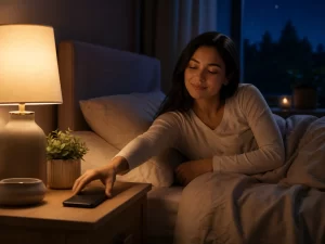 Een rustige slaapkameravond waarin de telefoon weggelegd wordt voor meer ontspanning en betere slaap.