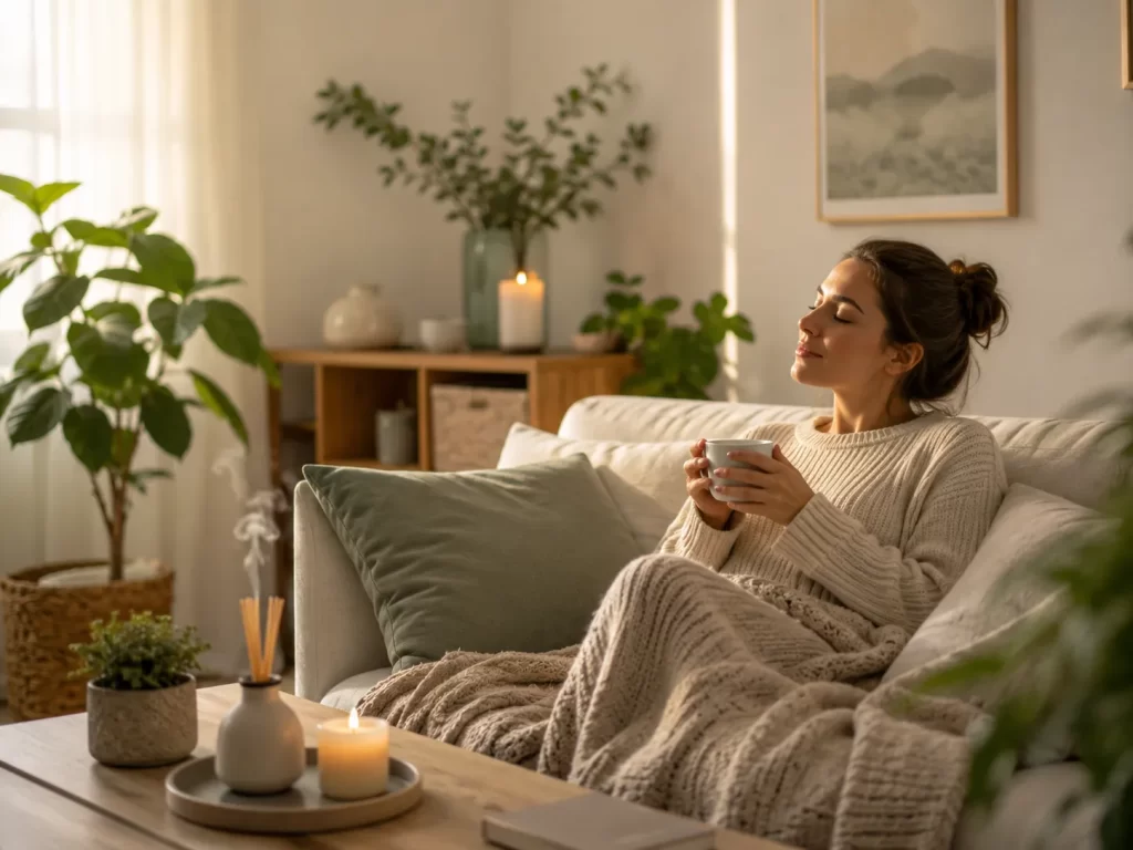 Een kalme en gezellige woonkamer waar ontspanning, warmte en innerlijke rust centraal staan.