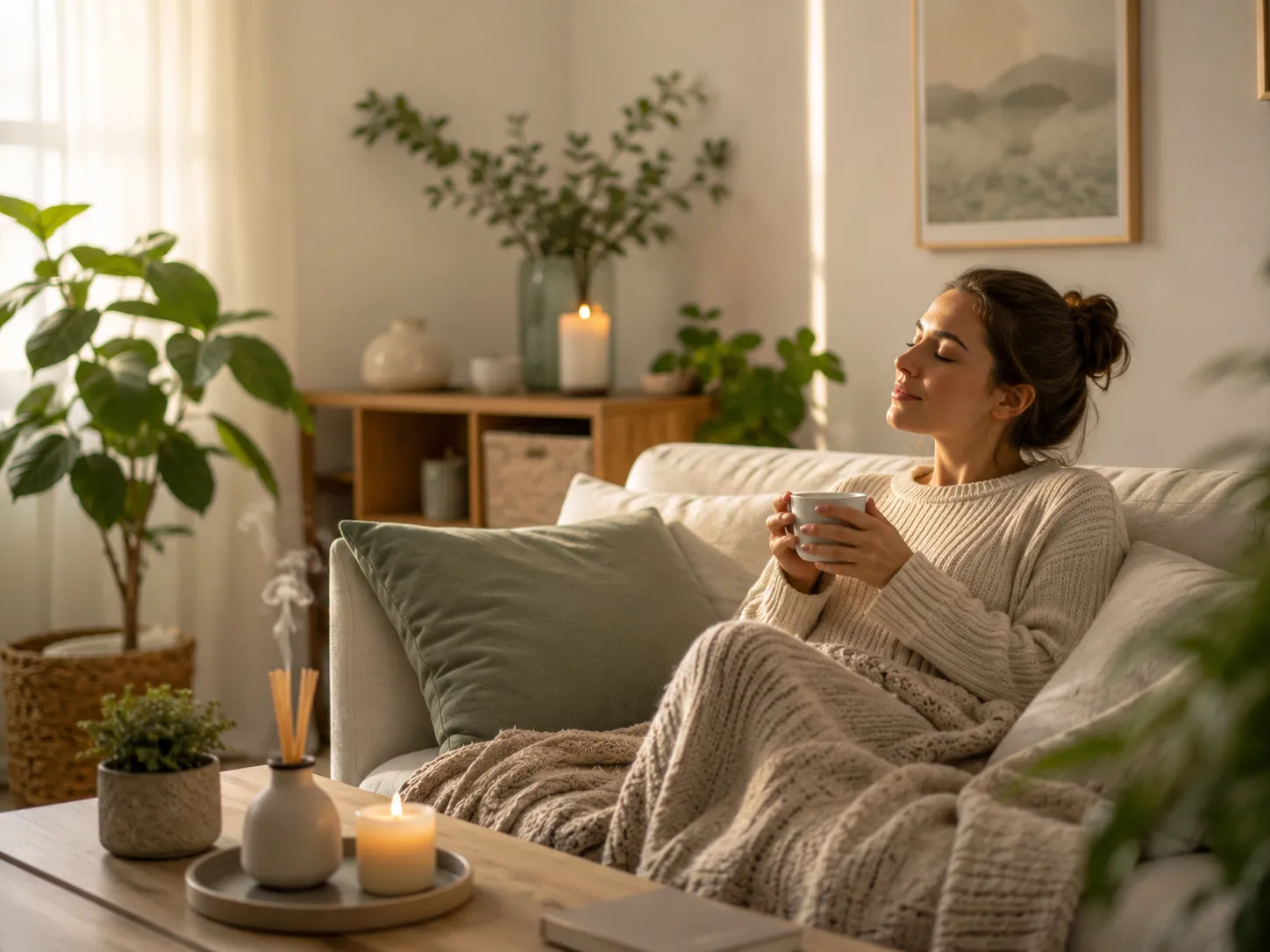 Een kalme en gezellige woonkamer waar ontspanning, warmte en innerlijke rust centraal staan.