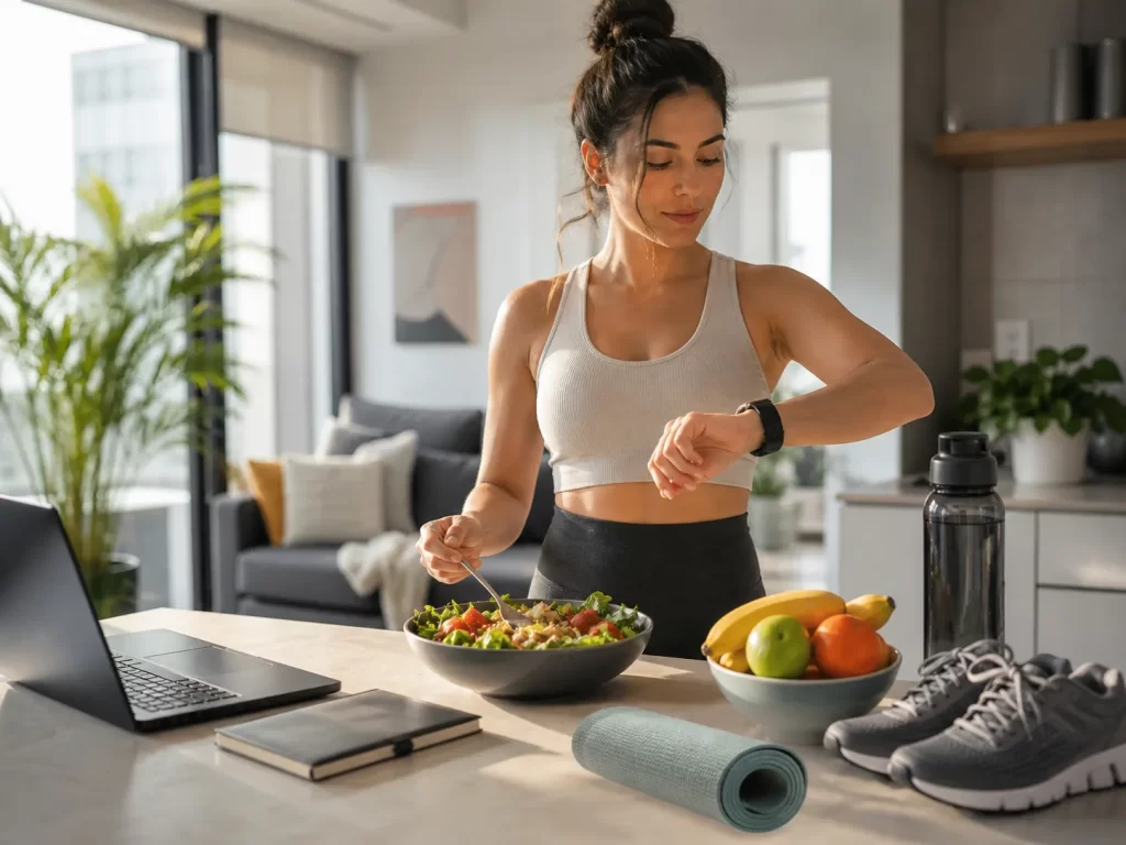 Een drukke ochtend met snelle gezonde keuzes: salade, fruit, water en beweging binnen handbereik.