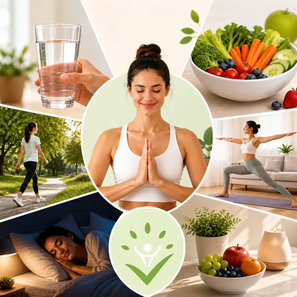 Een frisse collage met dagelijkse gezonde gewoontes zoals water drinken, bewegen, ontspannen, goed slapen en voedzaam eten.